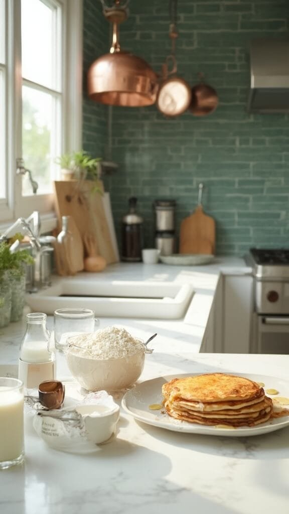 Perfect Keto Coconut Flour Pancakes: Light &Amp; Fluffy 3 Ingredients for keto coconut pancakes on a white marble countertop in a modern kitchen with green subway tile backsplash, under natural daylight.