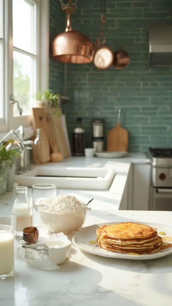 Perfect Keto Coconut Flour Pancakes: Light &Amp; Fluffy 3 Ingredients for keto coconut pancakes on a white marble countertop in a modern kitchen with green subway tile backsplash, under natural daylight.