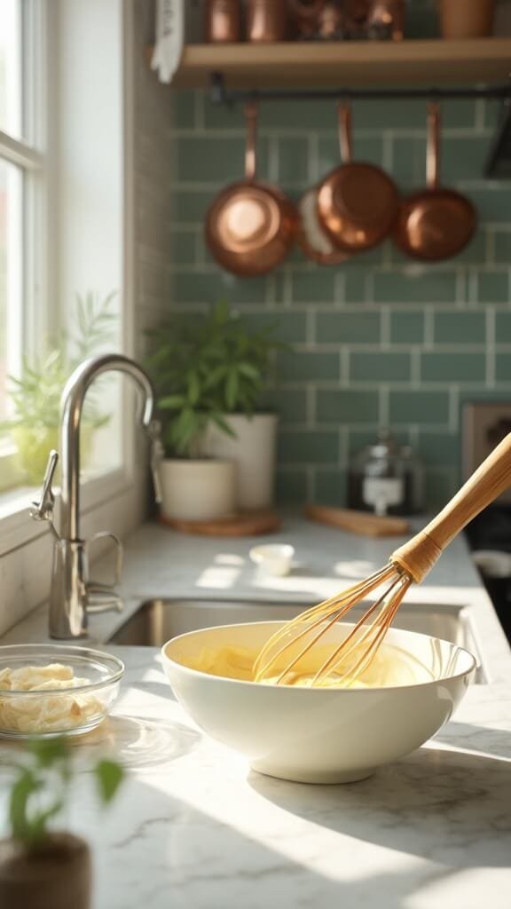 Perfect Keto Coconut Flour Pancakes: Light &Amp; Fluffy 4 Whisking pale yellow batter in a modern kitchen with white marble countertops and green subway tile backsplash, illuminated by natural daylight.