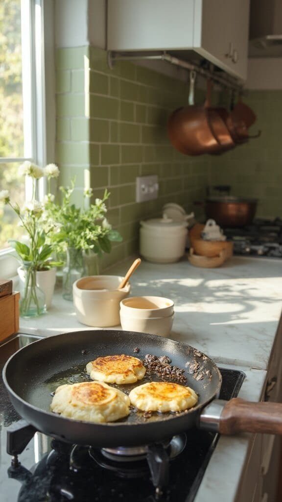 Perfect Keto Coconut Flour Pancakes: Light &Amp; Fluffy 5 Modern kitchen with green subway tile backsplash, a non-stick skillet cooking pancakes on stovetop, and assorted cookware and utensils on white marble countertop
