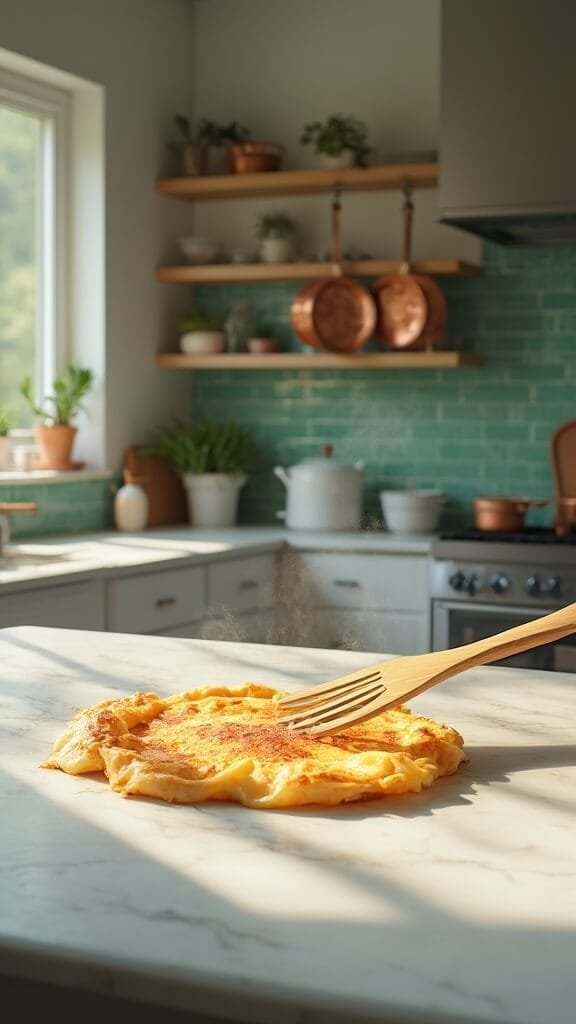 Perfect Keto Coconut Flour Pancakes: Light &Amp; Fluffy 6 Professional kitchen setting with modern cookware, pancake mid-flip on the stove, illuminated by natural daylight