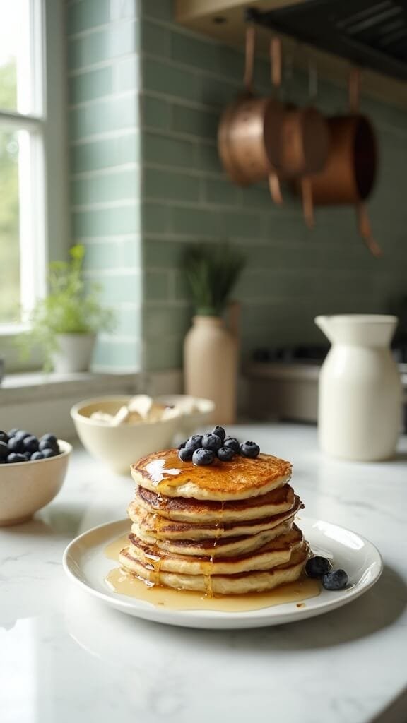 Perfect Keto Coconut Flour Pancakes: Light &Amp; Fluffy 7 Stack of pancakes topped with blueberries and syrup in modern kitchen with green subway tile backsplash