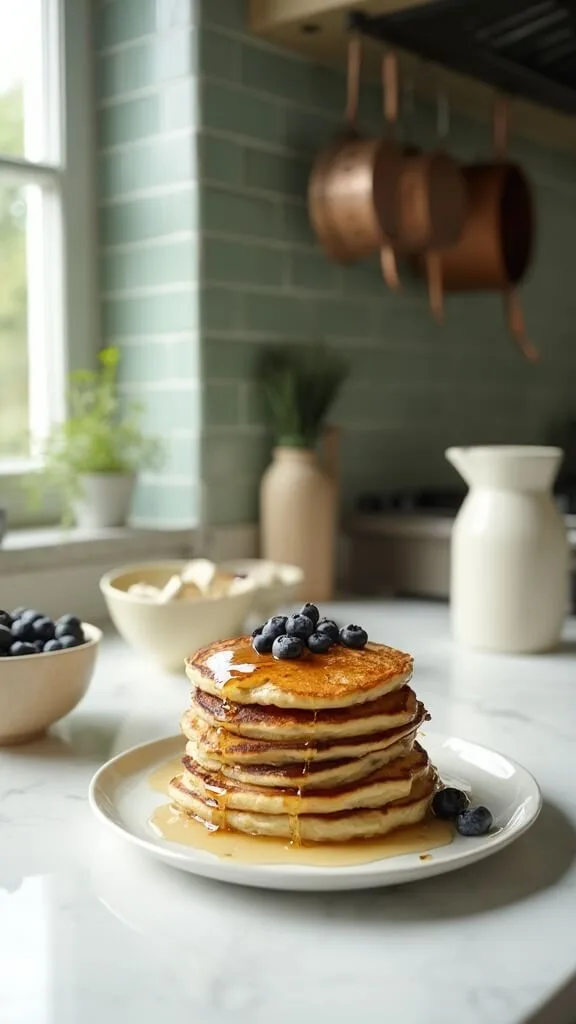 Perfect Keto Coconut Flour Pancakes: Light &Amp; Fluffy 7 Stack of pancakes topped with blueberries and syrup in modern kitchen with green subway tile backsplash