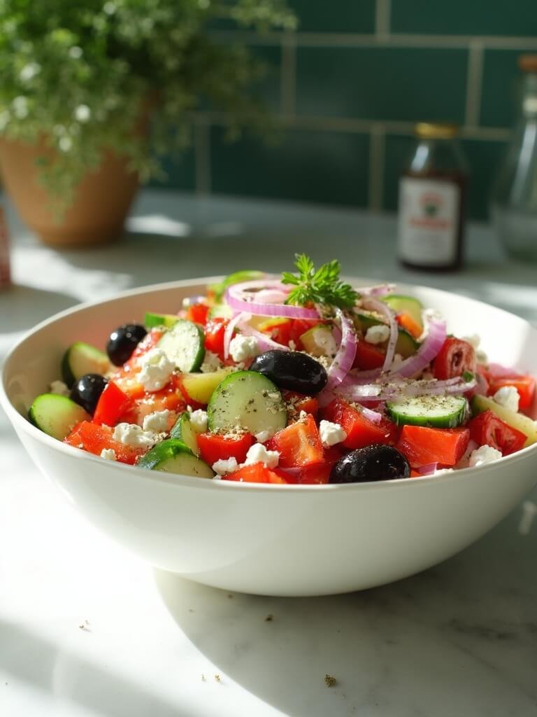 Authentic Keto Greek Salad (Horiatiki) 2 "authentic keto greek salad in a white bowl featuring cucumbers, red bell peppers, onions, black olives, and feta cheese on a marble countertop"