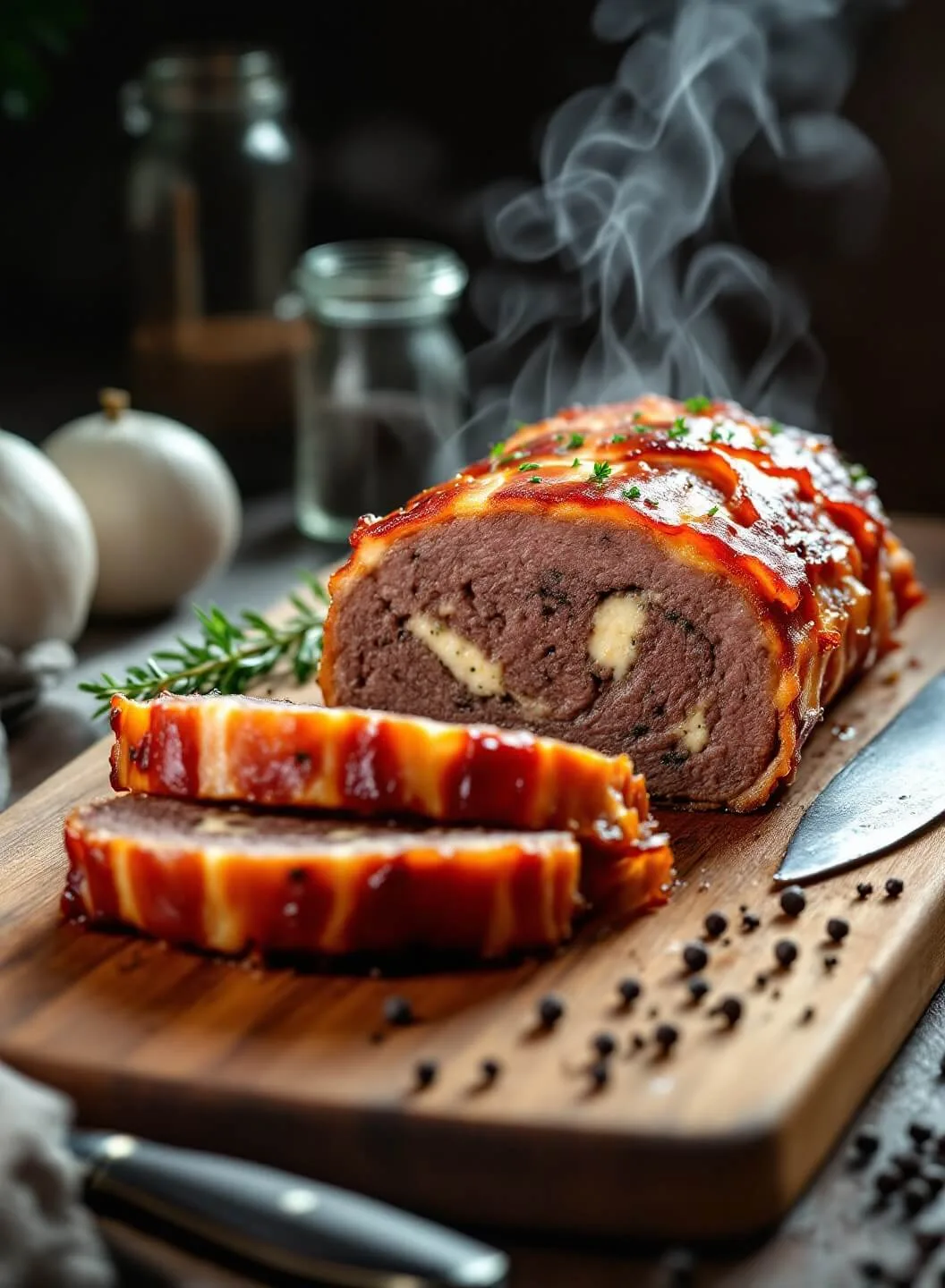 "bacon-wrapped meatloaf with marbled cheese and herbs on wooden cutting board in a rustic kitchen"