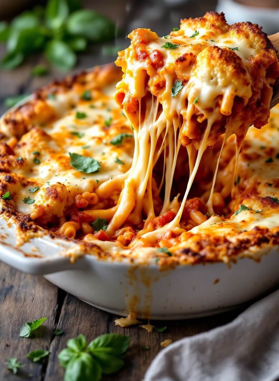 "bubbling hot baked ziti with cauliflower and three-cheese casserole in a rustic dish, with visible layers of melted mozzarella, basil leaves and a serving spoon nearby"