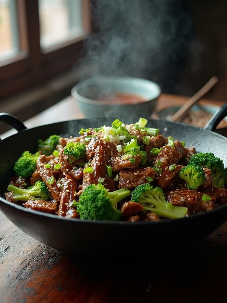 Sugar-Free Beef And Broccoli Stir-Fry 2 "steaming hot beef and broccoli stir-fry in a wok garnished with sesame seeds and scallions"