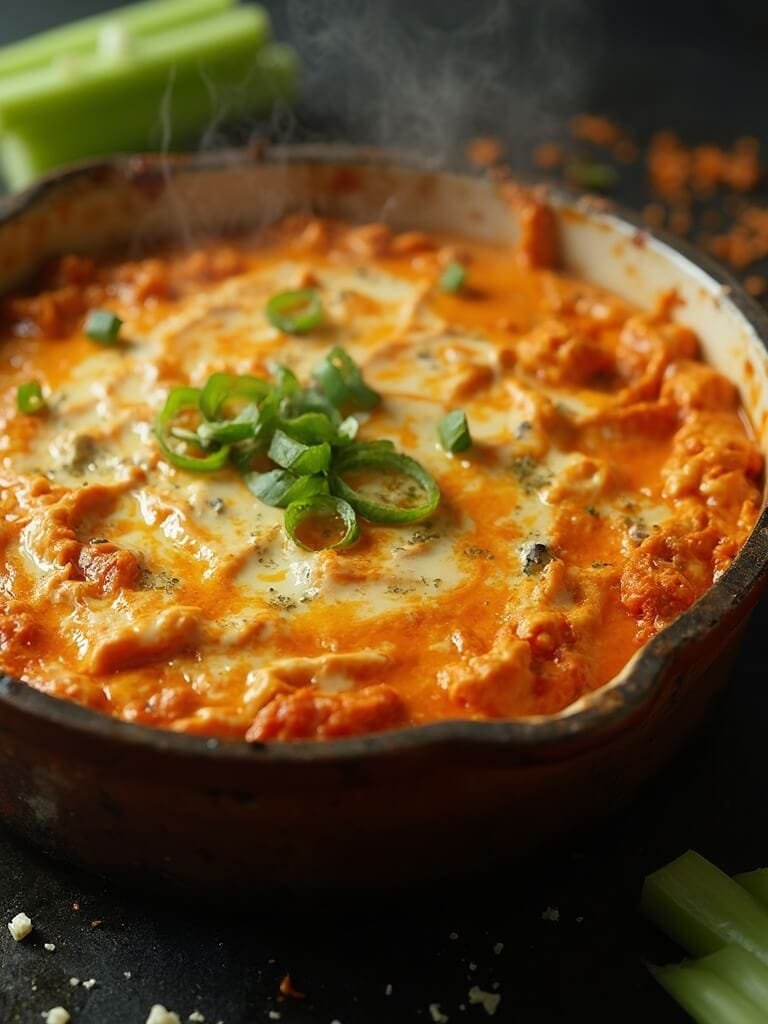 "close-up of hot buffalo chicken dip with melted cheese, celery sticks and fresh green onions on a dark slate surface. "