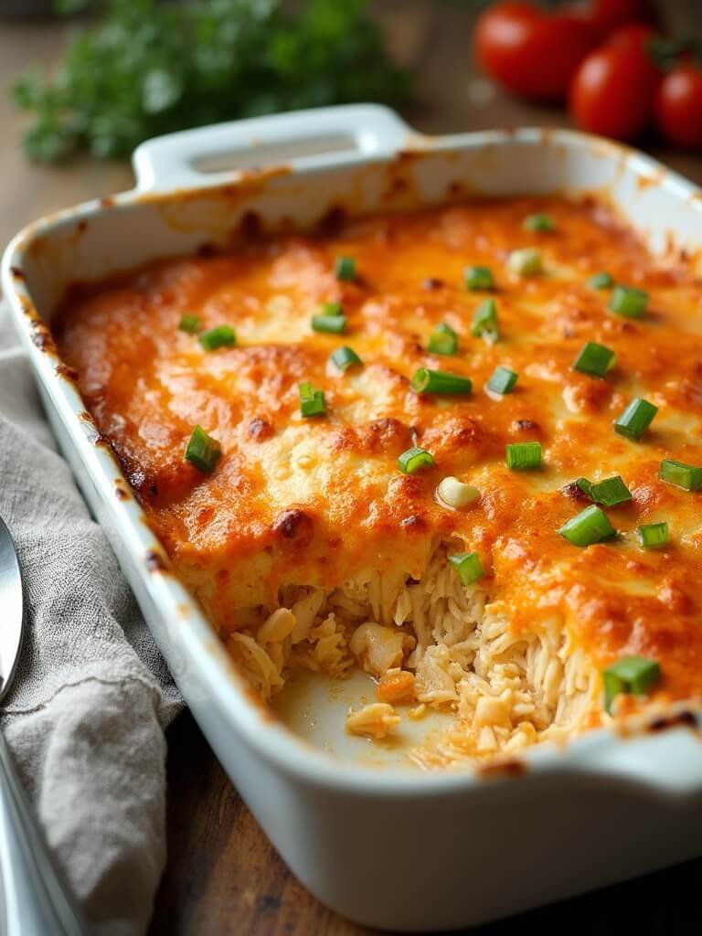 Buffalo Ranch Chicken Casserole (Keto-Friendly One-Dish Meal) 2 "bubbling buffalo ranch chicken casserole in a white baking dish garnished with green onions and banana pepper rings, shot from a 45-degree angle on a rustic wooden table"