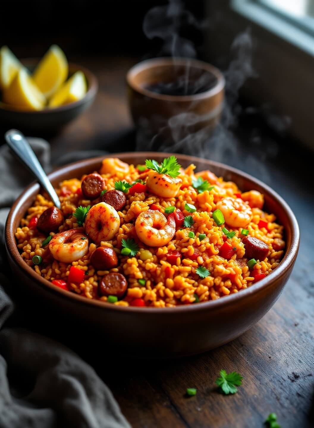 "spicy cajun keto jambalaya with andouille sausage, shrimp and riced cauliflower in a rustic bowl, garnished with fresh parsley and green onions, served on a dark wood table"