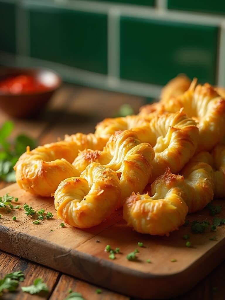 "golden-brown, twisted keto breadsticks with visible garlic and herbs, served on a rustic wooden board with marinara sauce"