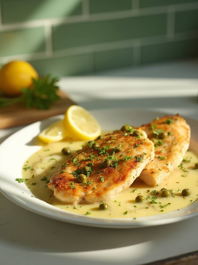 "golden-brown chicken piccata with lemon-caper sauce on a white plate, garnished with lemon wedges and capers, in a modern kitchen setting"