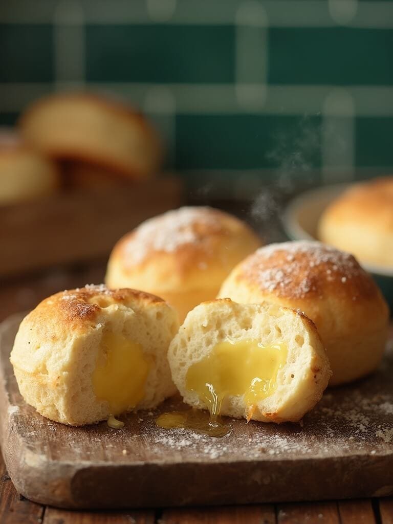 "freshly baked english muffins with melting butter on a rustic wooden board in a modern kitchen setting"