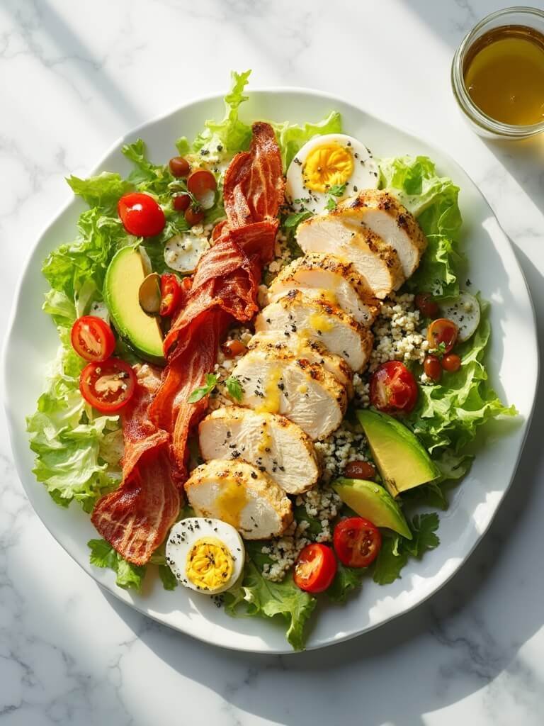 "overhead view of a cobb salad with grilled chicken, avocado, hard-boiled eggs, bacon, cherry tomatoes, blue cheese on a bed of romaine lettuce, garnished with black pepper and micro herbs, on a white marble countertop under natural daylight"