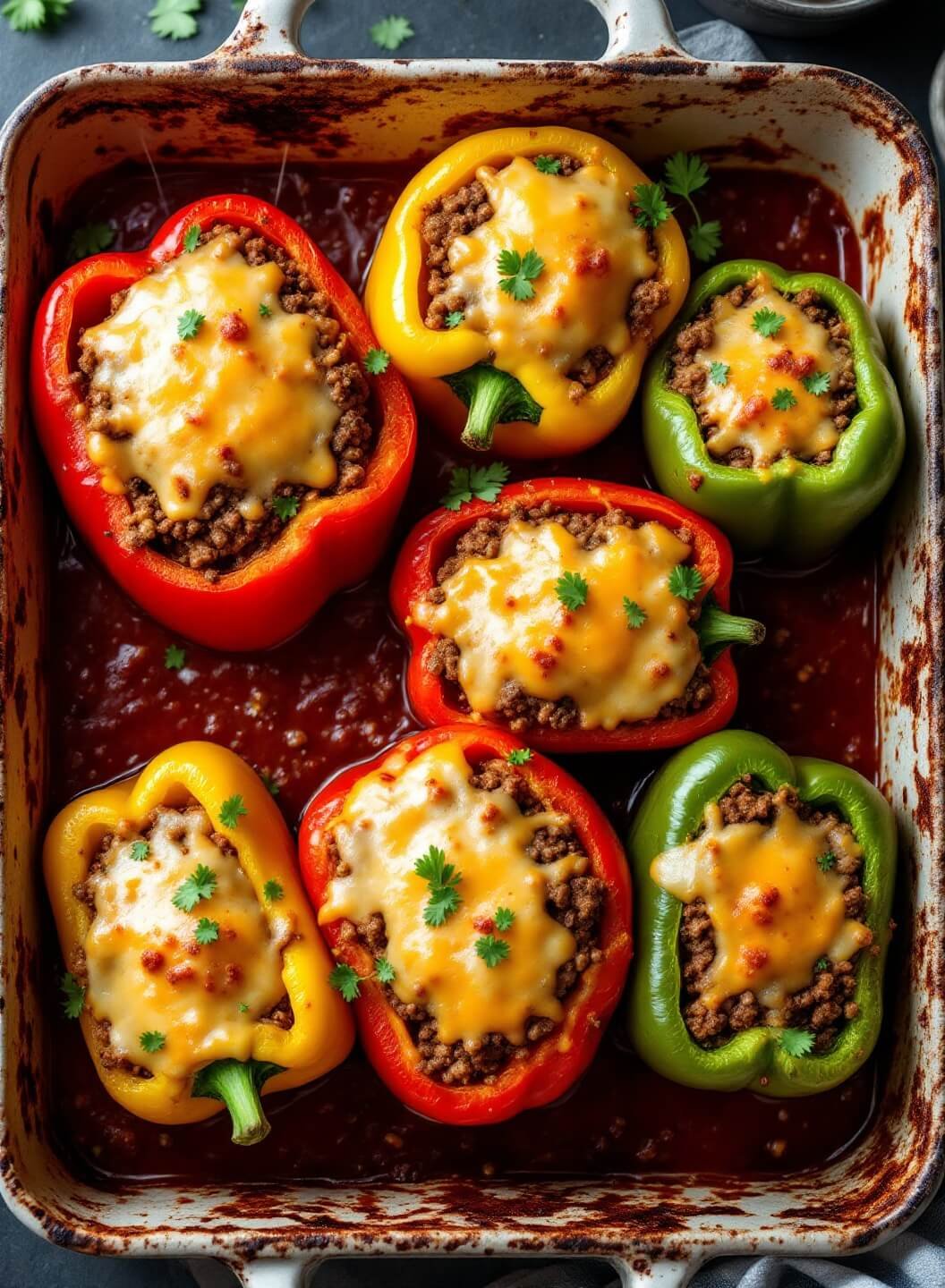 Classic Stuffed Bell Peppers With Ground Beef &Amp; Cheese 2 "stuffed bell peppers with ground beef and melted cheese in ceramic dish"