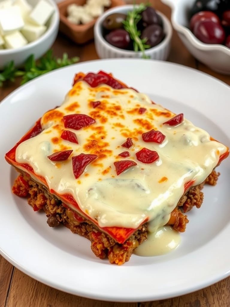 7 Delicious Low-Carb Italian Eggplant Dishes You Must Try 4 A plate of eggplant moussaka with meat sauce and béchamel, garnished with salad.
