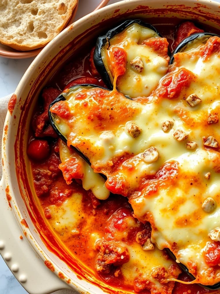 7 Delicious Low-Carb Italian Eggplant Dishes You Must Try 6 A dish of classic eggplant parmigiana with melted cheese and tomato sauce.