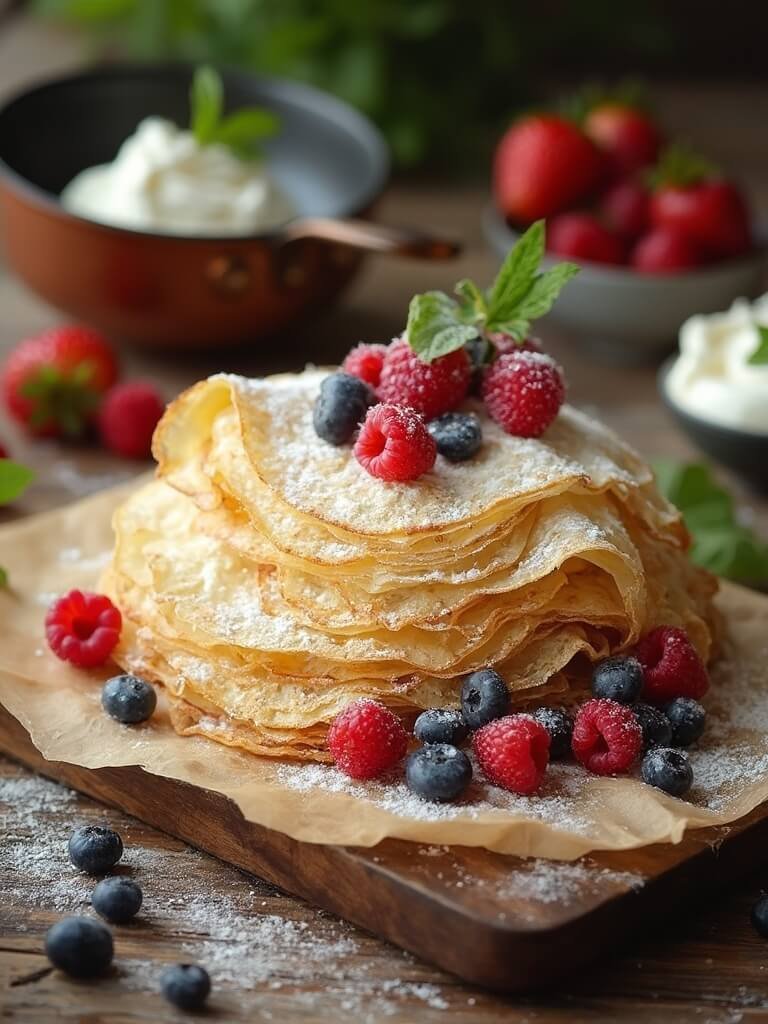 "coconut flour crepes with fresh berries on rustic wooden board in morning light"