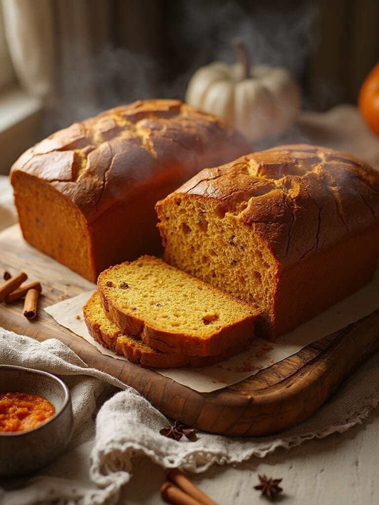Cozy Homemade Pumpkin Bread (Makes 2 Perfect Loaves) 2 "freshly baked pumpkin bread with autumn spices and pumpkin puree on rustic wooden board in natural light"