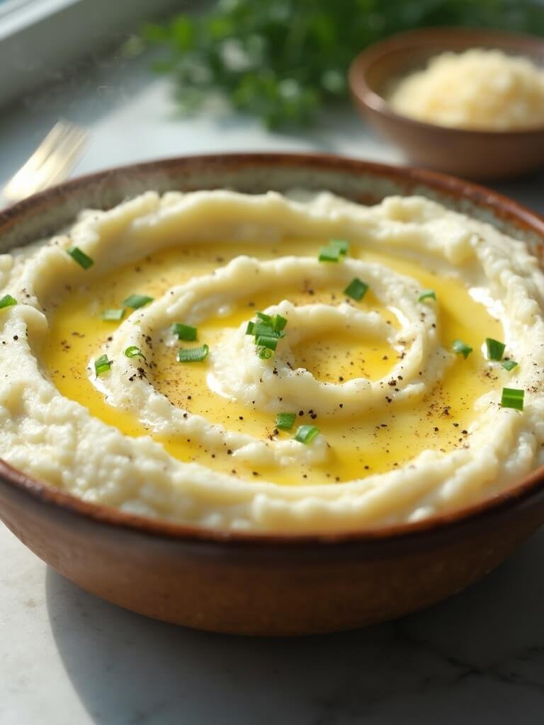 "creamy mashed cauliflower with garlic butter and parmesan in a rustic bowl on a light marble countertop, garnished with chives and served with grated cheese and fresh herbs in the background"