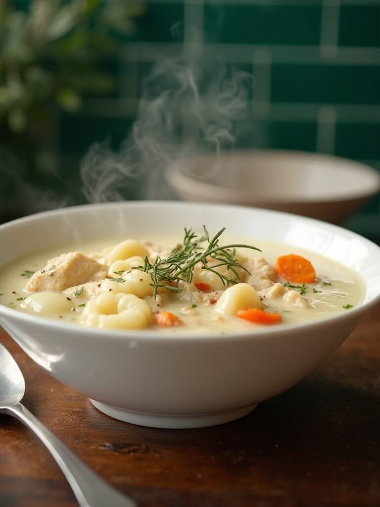 Creamy Keto Chicken Gnocchi Soup 2 "creamy keto chicken gnocchi soup with vegetables and cauliflower dumplings in a white ceramic bowl, garnished with fresh thyme and cracked black pepper"