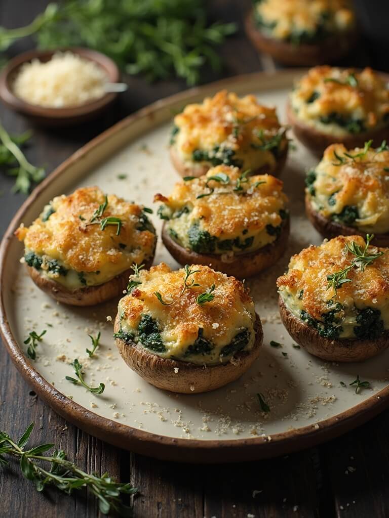 "baked stuffed cremini mushrooms with creamy spinach and three-cheese filling on a rustic ceramic platter"
