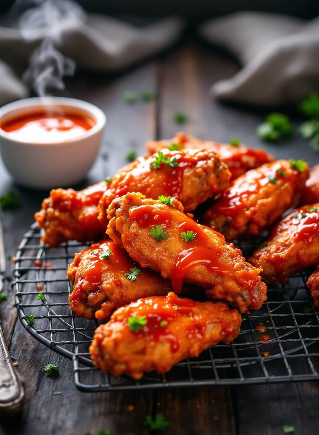 "crispy buffalo wings with homemade sauce on wire rack, served with extra sauce and fresh parsley"