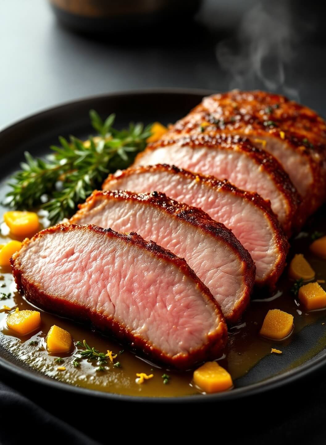 "sliced crispy duck breast with orange butter sauce on a black ceramic plate"