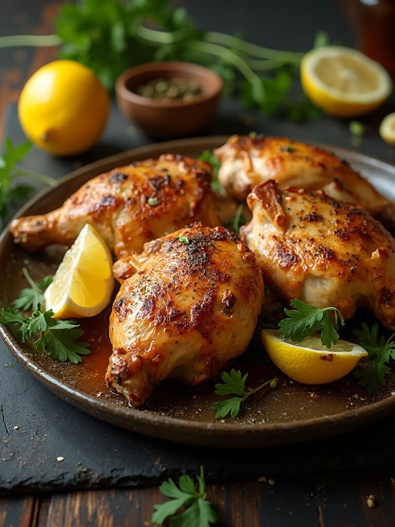 "crispy baked chicken thighs with italian herbs and spices on a rustic plate, garnished with fresh parsley and lemon wedges"