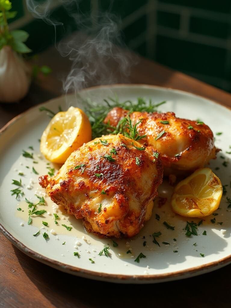 "crispy keto chicken thighs with herbs and garlic on a white ceramic plate, garnished with rosemary, thyme, parsley, and charred lemon wedges, shot in a rustic setting with a dark wood table and green subway tiles. "