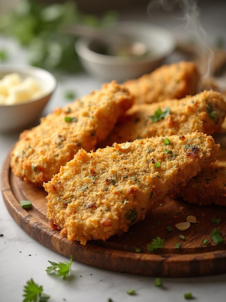 Crispy Keto Chicken Tenders With Almond Flour Breading 2 "closeup of golden-brown, crispy chicken tenders with almond flour coating on a wooden board, garnished with fresh herbs and served with parmesan cheese"