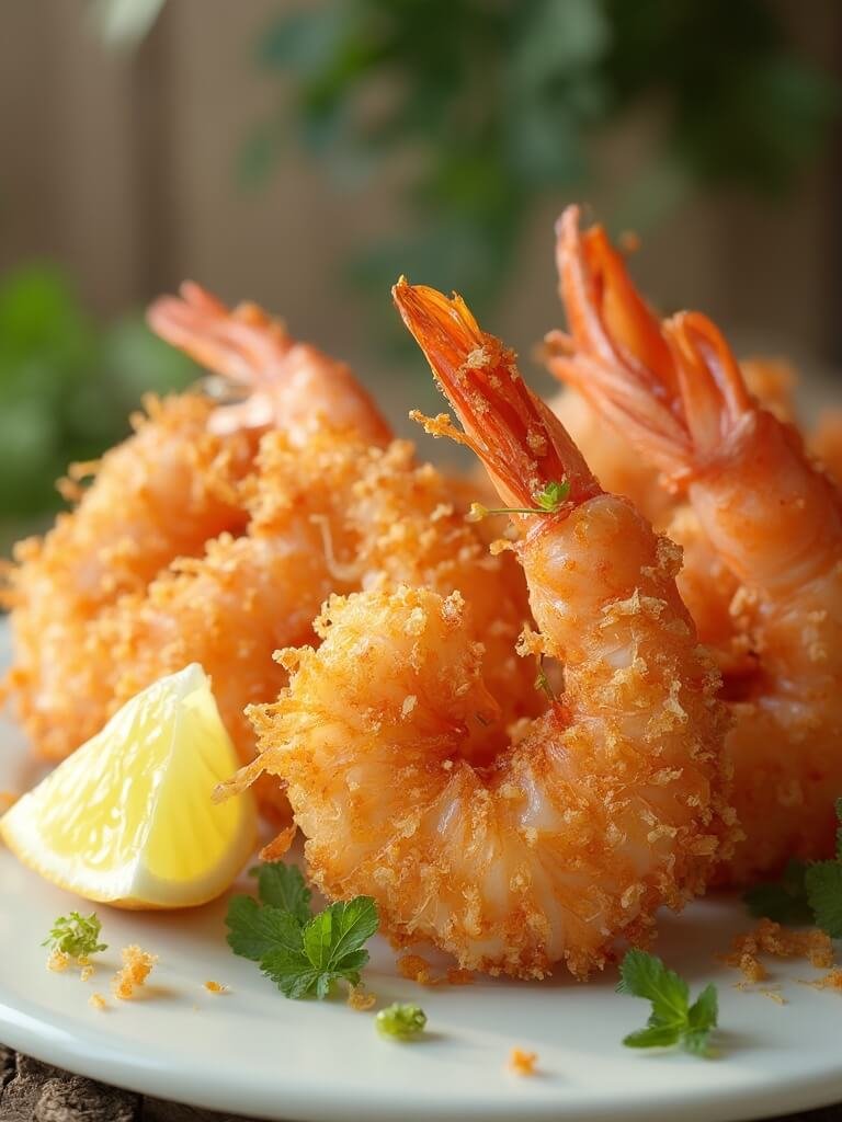Crispy Keto Coconut Shrimp 2 "crispy keto coconut shrimp with pork rind crust on a white plate, garnished with micro-greens and lemon wedge"