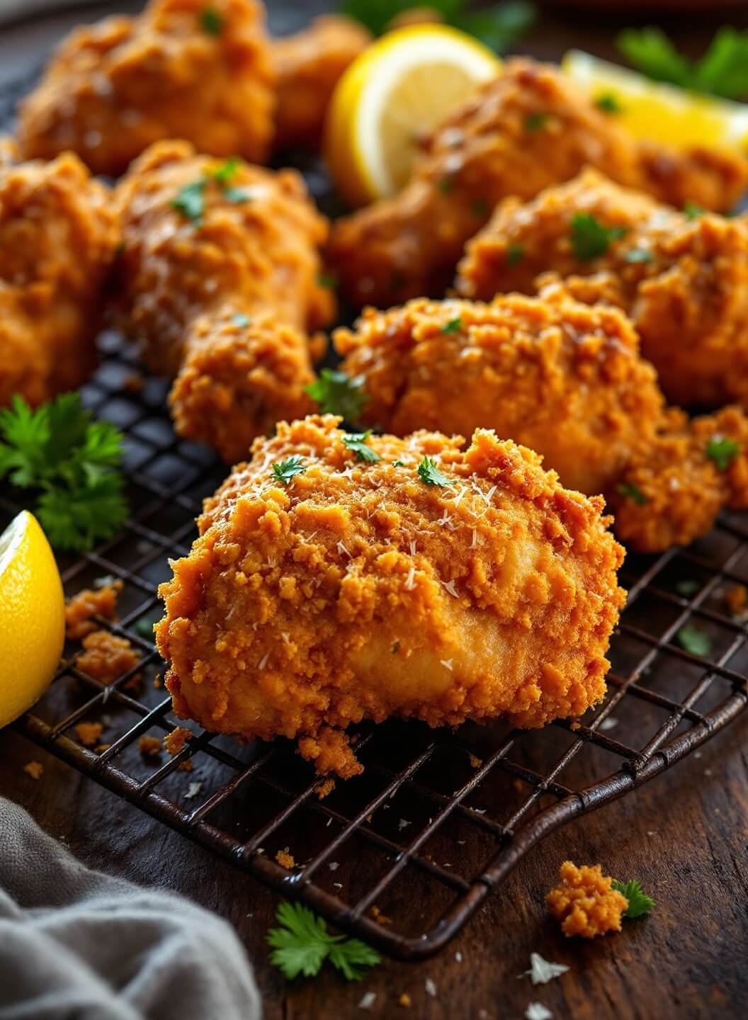 Crispy Oven-Baked Keto Fried Chicken 2 "golden-brown crispy keto fried chicken on a rustic rack, garnished with parsley and lemon, shot in dramatic side lighting"
