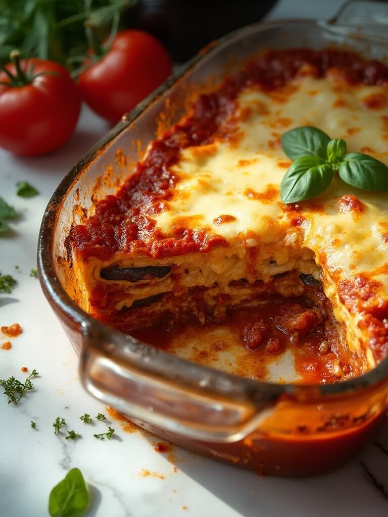 "overhead shot of layered eggplant lasagna in a glass baking dish, garnished with basil leaves, on a white marble countertop surrounded by fresh ingredients"