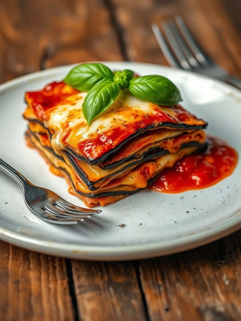 7 Delicious Low-Carb Italian Eggplant Dishes You Must Try 1 A plate of eggplant lasagna with fresh basil on top.