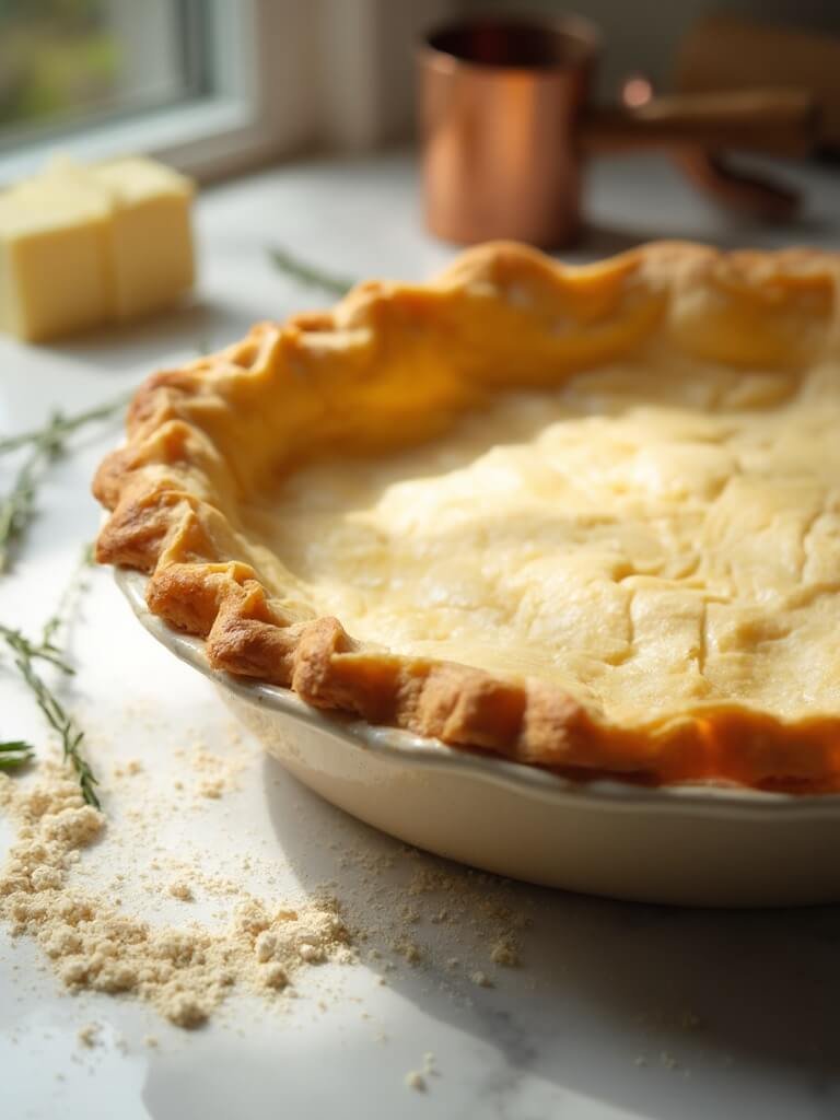 "golden-brown keto pie crust in a vintage ceramic dish on a marble countertop, styled with almond flour, butter cubes, and fresh herbs, with a copper measuring cup and wooden rolling pin in the background. "