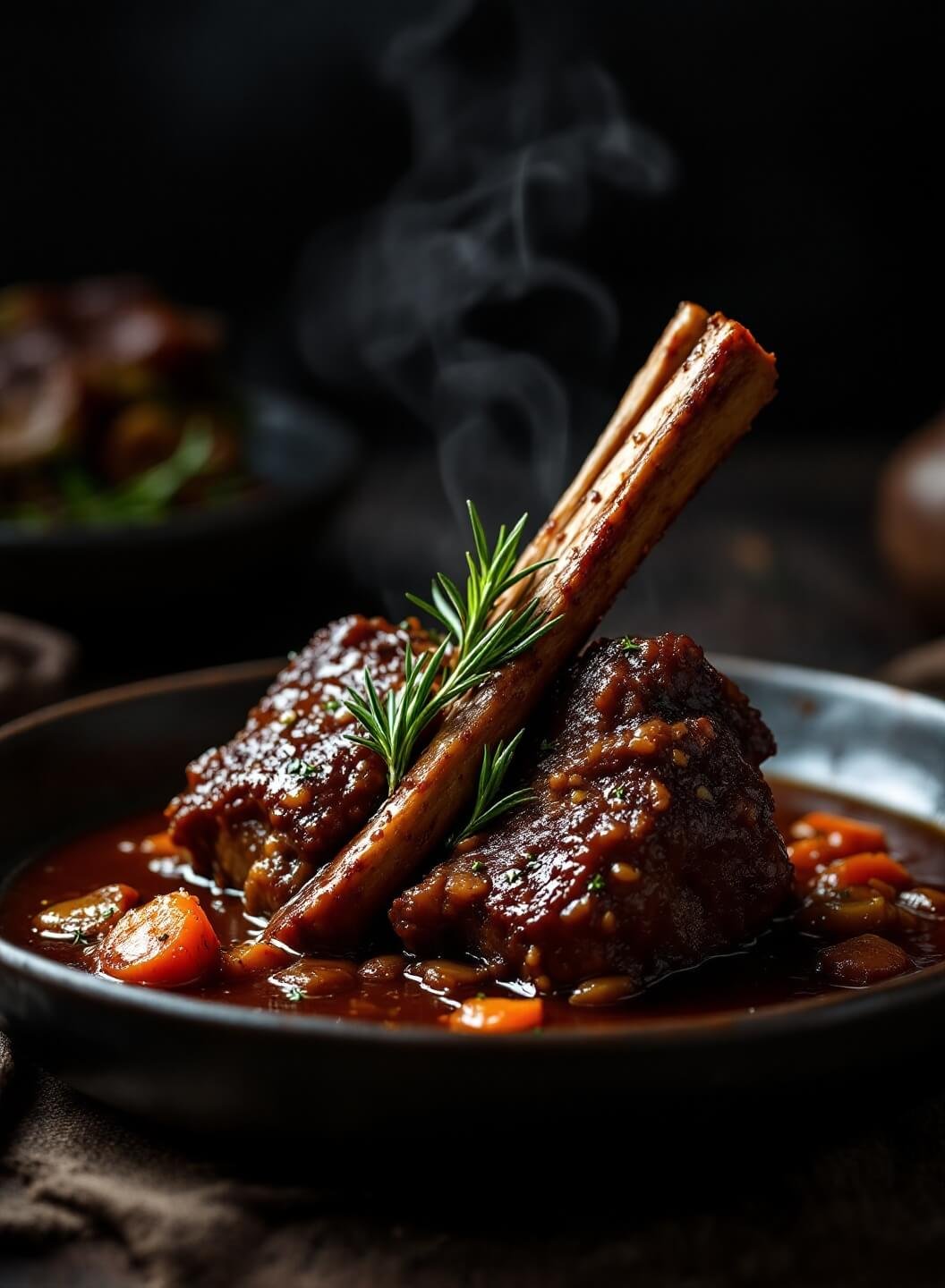 "braised short ribs with herbs in rich sauce on a dark ceramic plate"