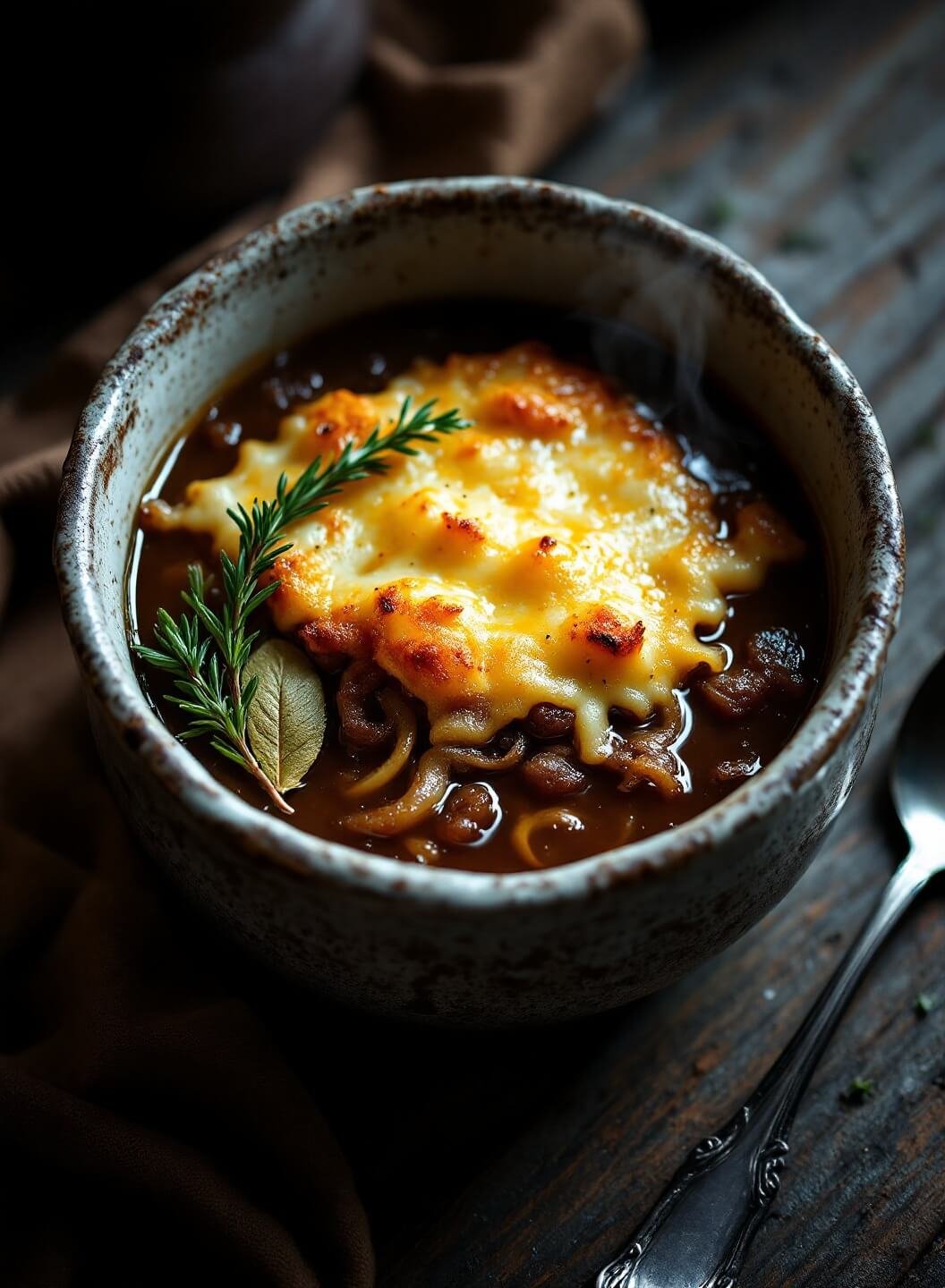 Classic French Onion Soup (Without Bread) 2 "overhead view of rustic french onion soup with melted gruyère cheese, caramelized onions, thyme, and a bay leaf garnish, on a wooden surface. "