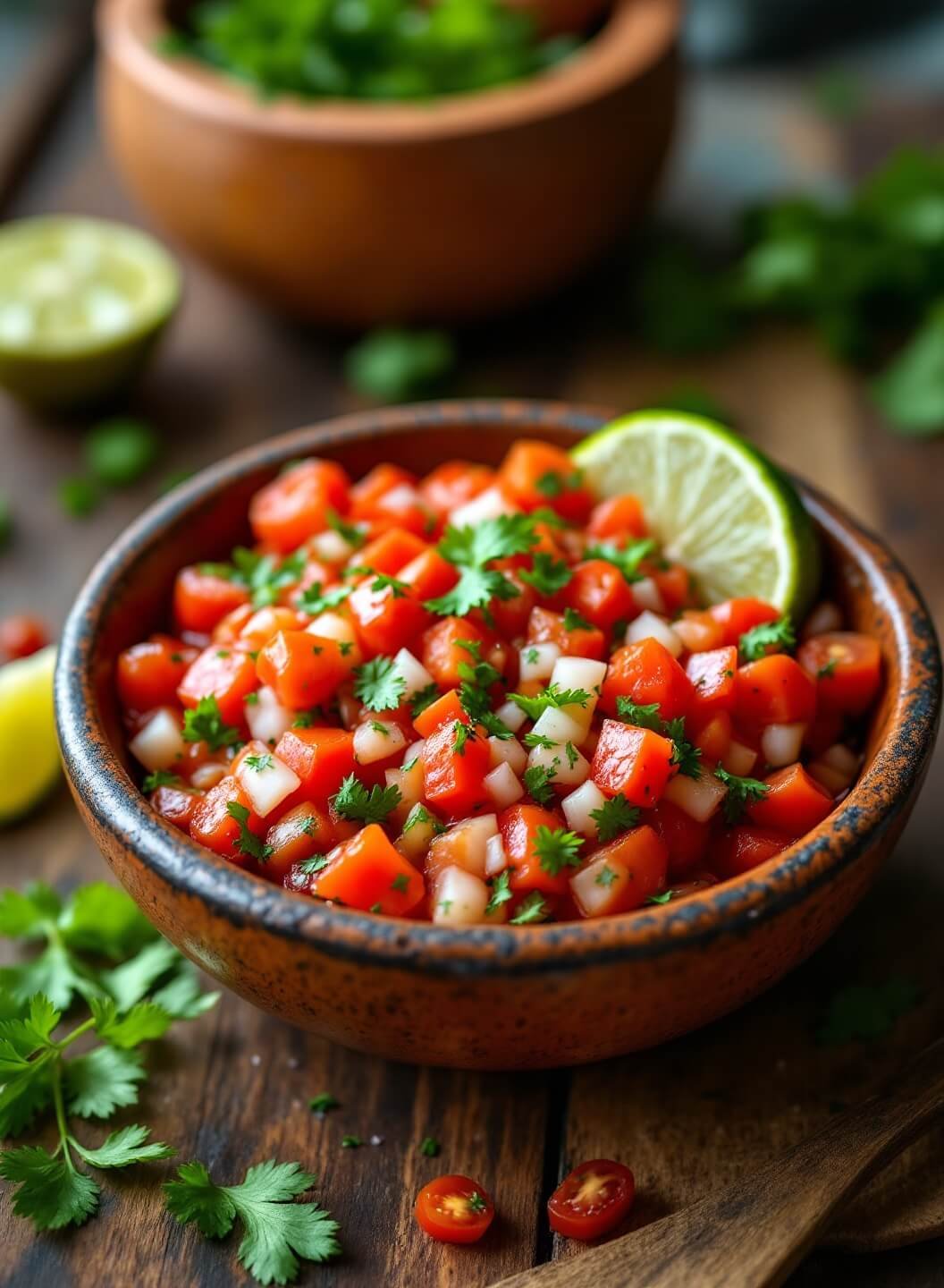 Fresh No-Sugar-Added Homemade Salsa (5-Minute Recipe) 2 "fresh, vibrant mexican salsa with tomatoes, cilantro, jalapenos, and onions in a rustic bowl on a wooden table"