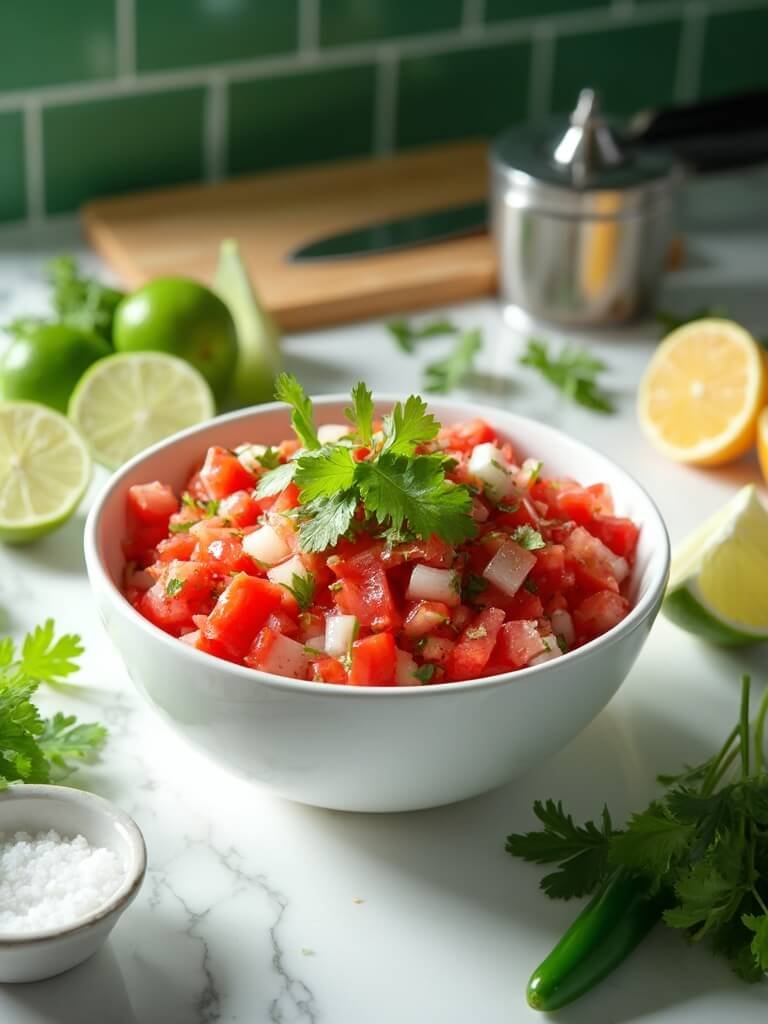 Fresh Pico De Gallo: The Ultimate 20-Minute Mexican Salsa 2 "overhead shot of fresh pico de gallo ingredients on a marble countertop with a wooden cutting board, chef's knife, and citrus press in the background"
