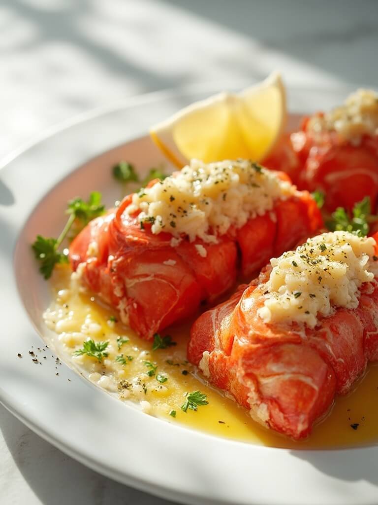 "butterflied lobster tails with garlic butter sauce, lemon and herbs on a white platter"