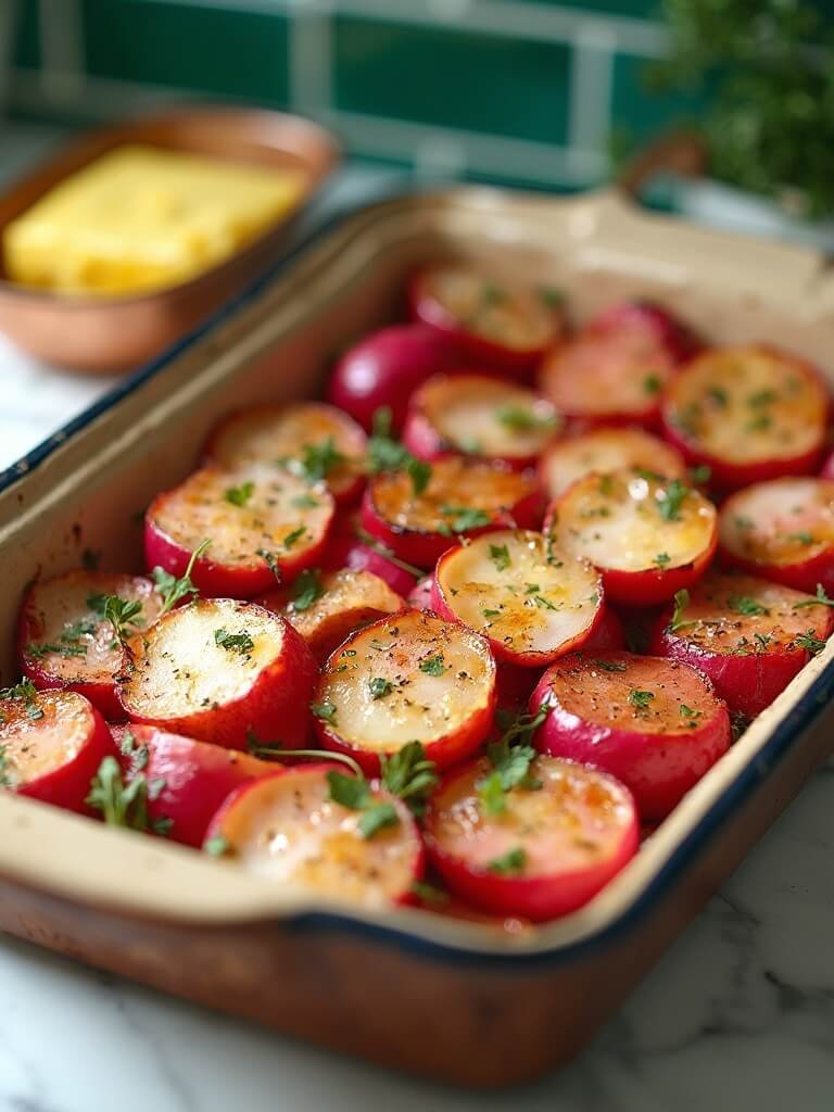 "caramelized roasted radishes in a rustic dish with garlic butter, herbs and sea salt on a marble countertop"