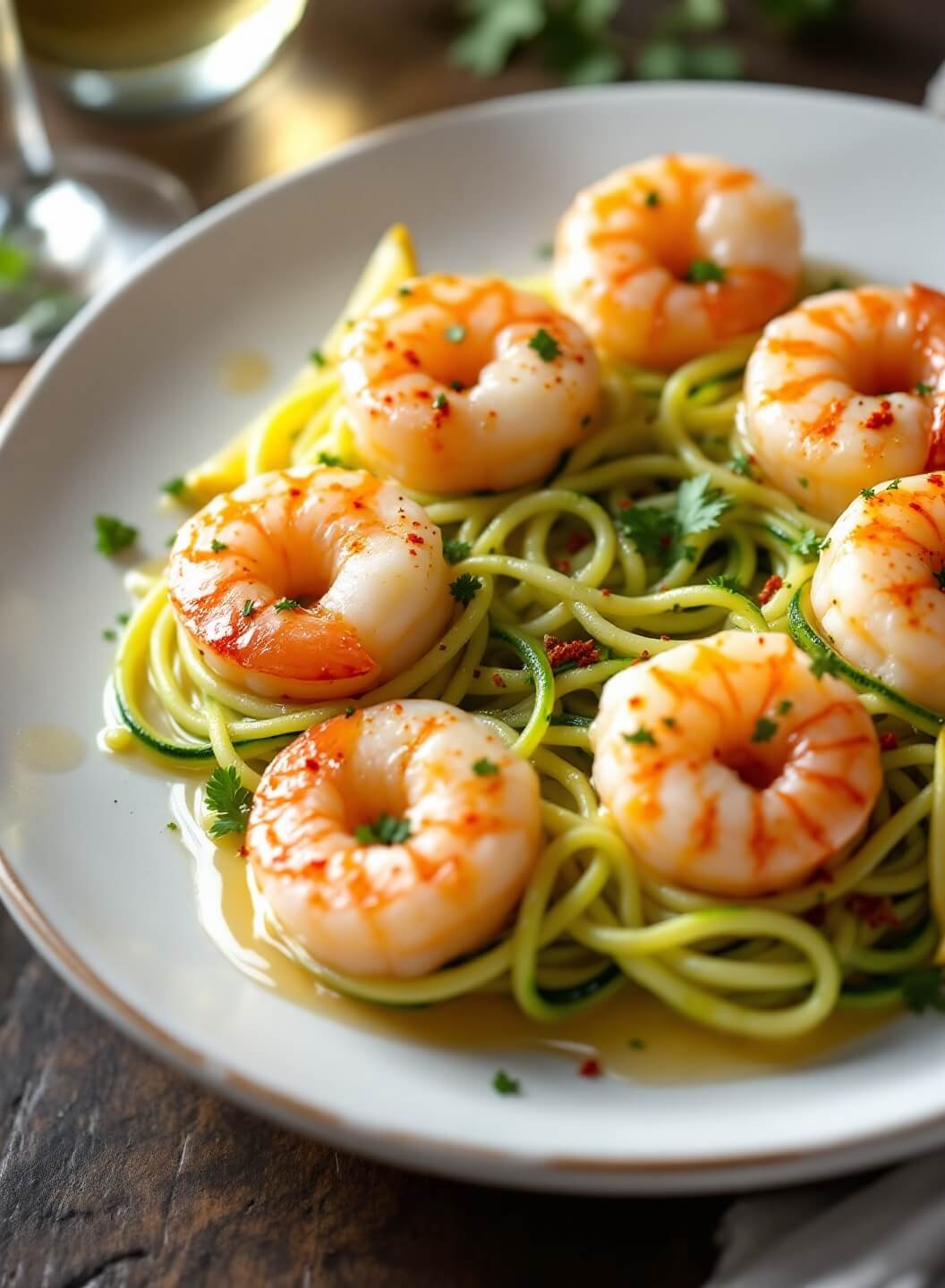 "artistically plated garlic butter shrimp on zucchini noodles with lemon wedges and spices, on a dark wood table with a glass of white wine"