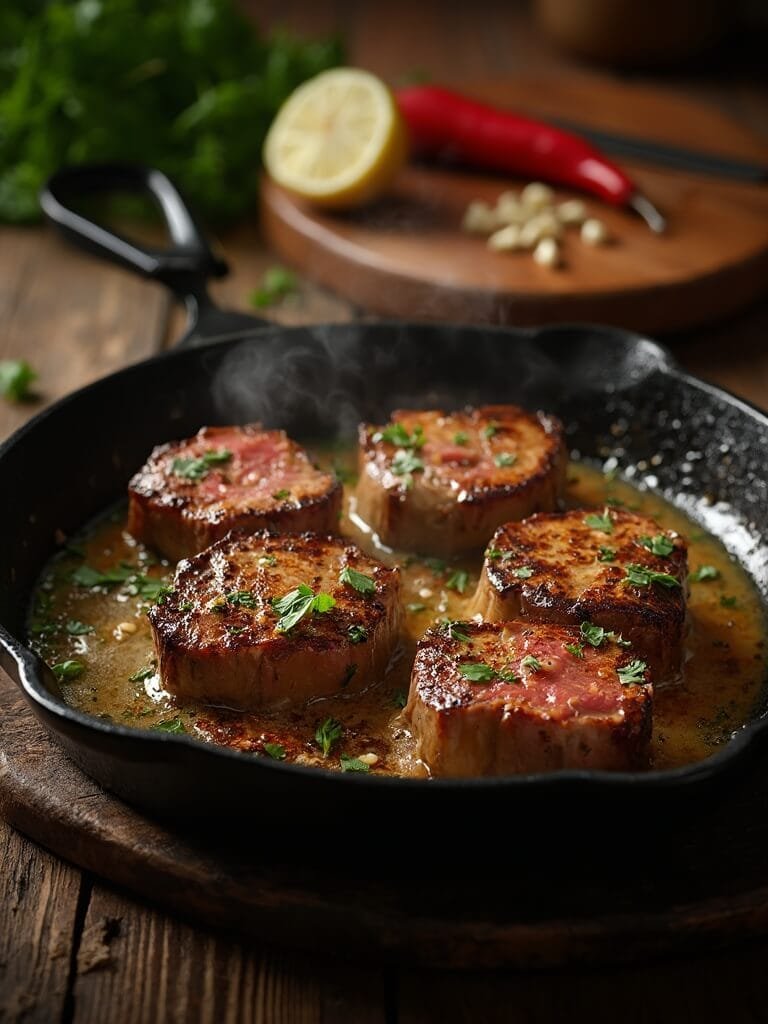 "juicy steak bites with garlic butter sauce in a cast-iron skillet, garnished with parsley and red pepper flakes, on a wooden board"