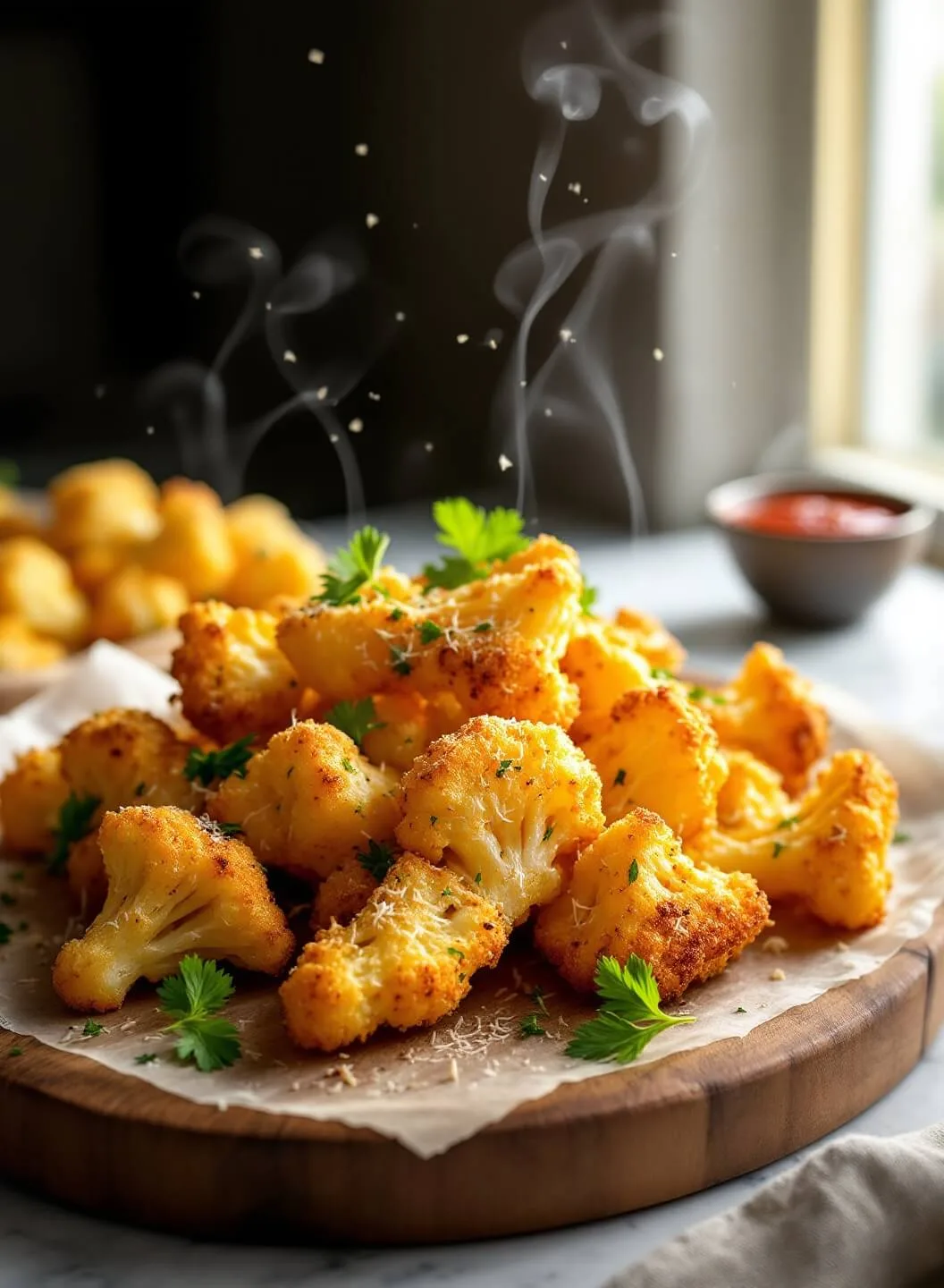 "golden-brown cauliflower fries with garlic, italian herbs, and parmesan cheese, on a wooden board with marinara sauce, fresh from the oven"