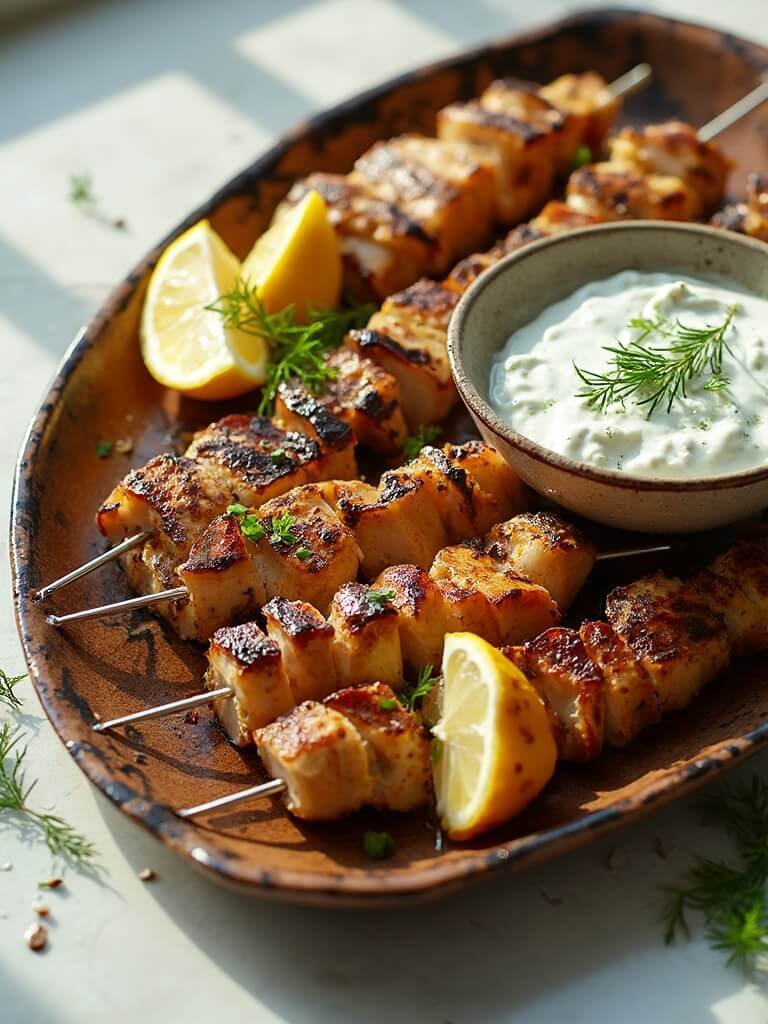 Greek Chicken Souvlaki With Tzatziki 2 "grilled greek chicken souvlaki skewers on a rustic platter with tzatziki sauce, lemon wedges, fresh oregano, and cherry tomatoes"