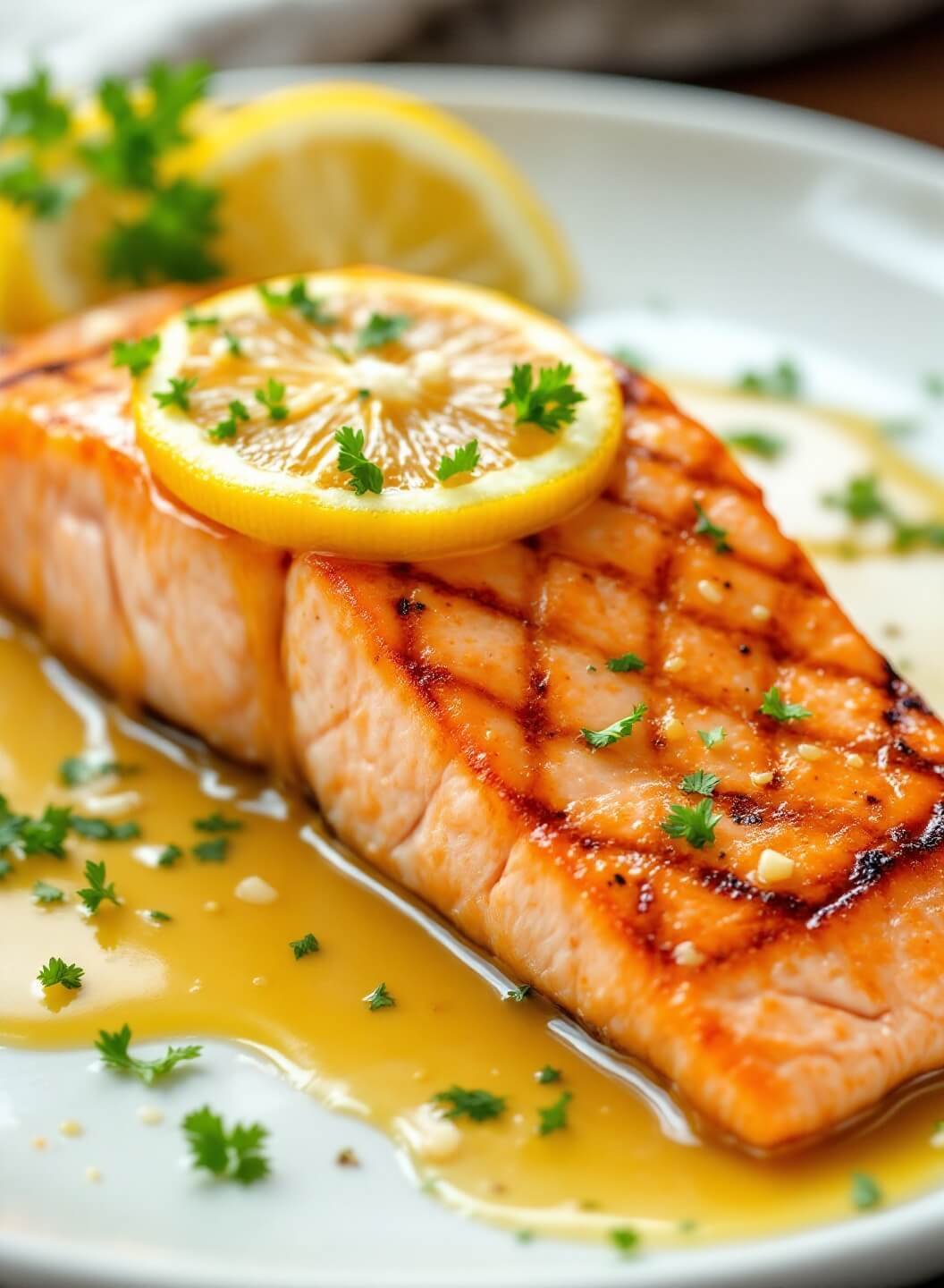 "grilled salmon fillet with lemon butter sauce, garnished with fresh parsley and shallots on a white plate"