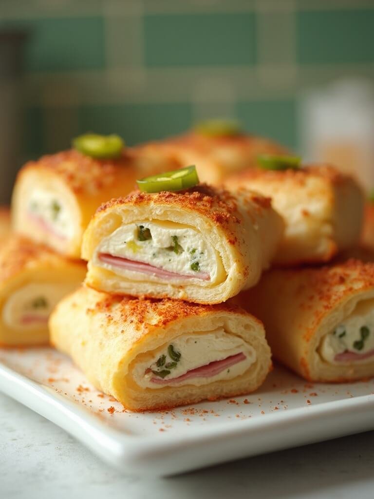 Keto Ham &Amp; Cheese Roll-Ups (Crispy, Quick, And Spicy) 2 "close-up image of ham and jalapeño cheese rollups with cream cheese filling on a white platter"