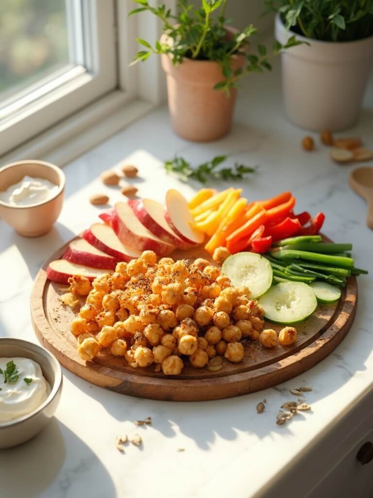 Healthy Snacks: Quick, Nutritious, And Delicious Options 2 "healthy snack prep station featuring roasted chickpeas, fresh fruits and vegetables, greek yogurt dip, and almonds on a white marble countertop in a modern kitchen"