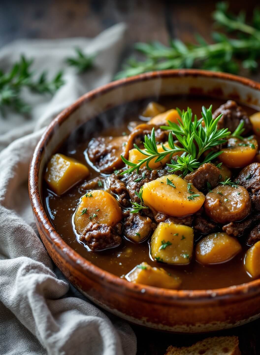 "close-up image of hearty low-carb beef stew with chunky vegetables in a rustic bowl, garnished with fresh herbs, served with crusty bread on a weathered wooden table"